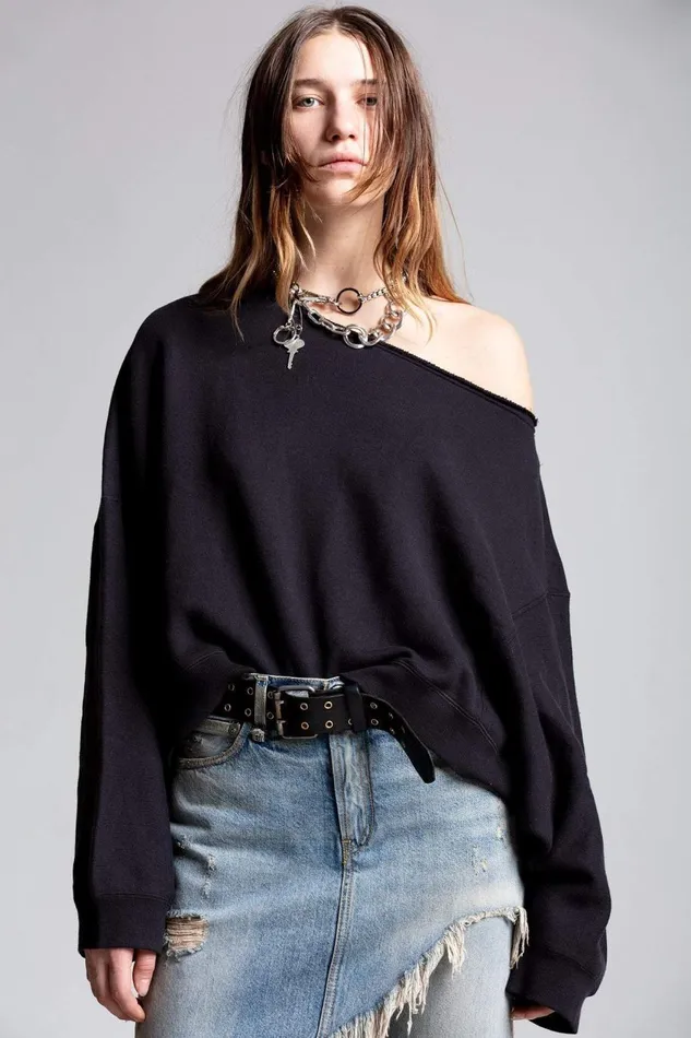 R13 Sale Women OFF SHOULDER PATTI SWEATSHIRT 8211 BLACK