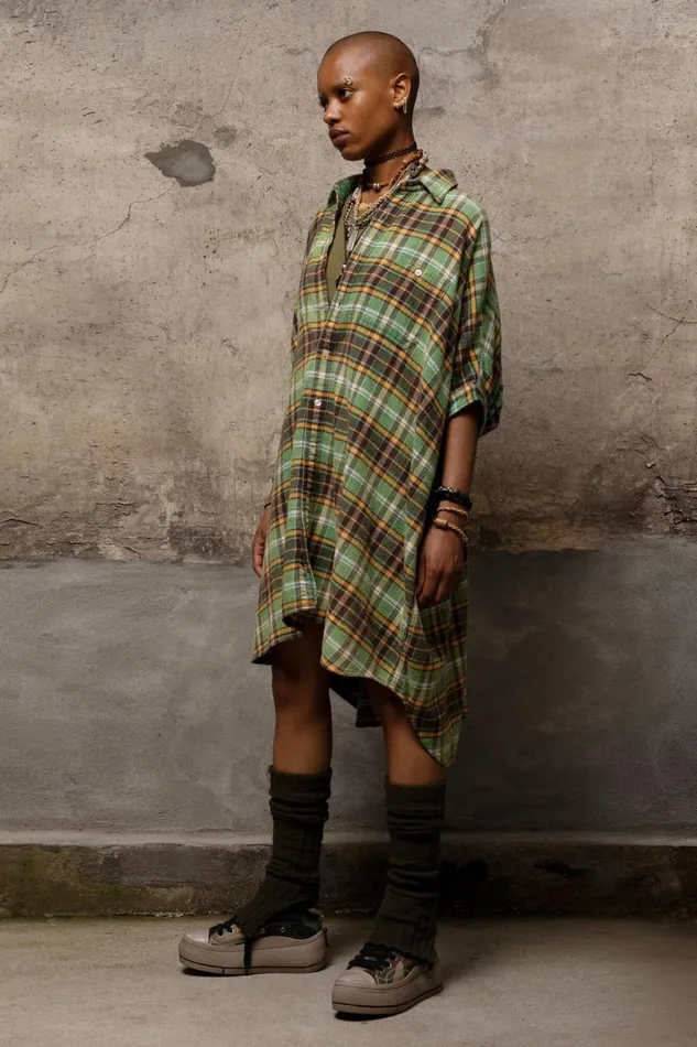 R13 Sale Women OVERSIZED BOXY SHIRTDRESS 8211 GREEN PLAID