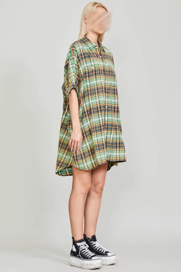 R13 Sale Women OVERSIZED BOXY SHIRTDRESS 8211 GREEN PLAID