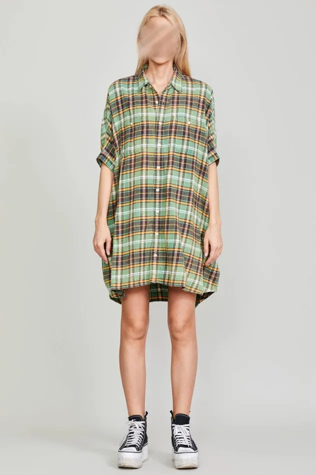 R13 Sale Women OVERSIZED BOXY SHIRTDRESS 8211 GREEN PLAID