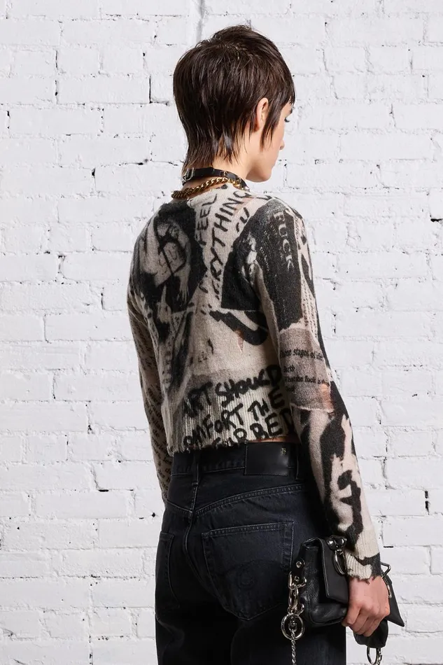 R13 Sale Women PRINTED BABY CARDIGAN 8211 NEWSPAPER