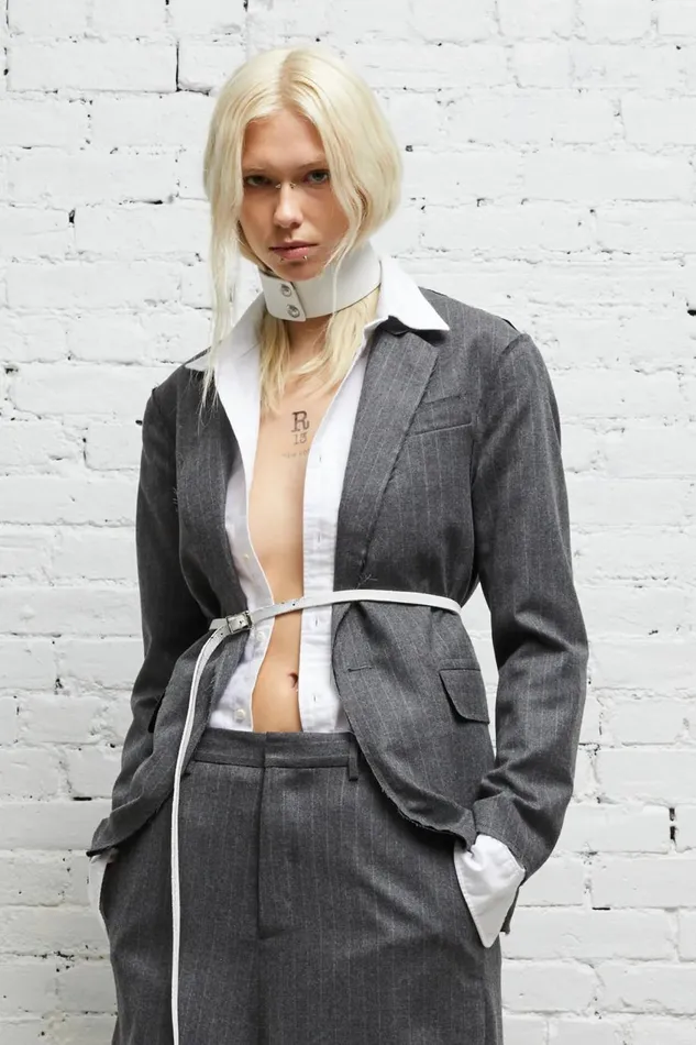 R13 Sale Women SHRUNKEN RAW CUT BLAZER 8211 GREY PINSTRIPE