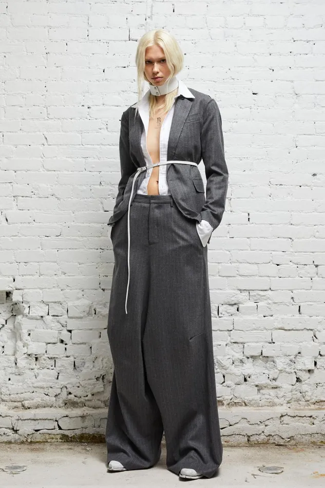 R13 Sale Women SHRUNKEN RAW CUT BLAZER 8211 GREY PINSTRIPE
