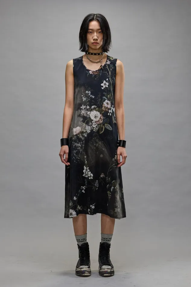 R13 Sale Women SLEEVELESS MIDI DRESS 8211 BLEACHED BLACK FLORAL