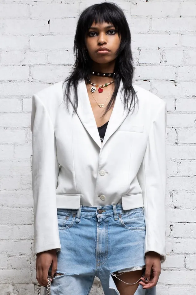 R13 Sale Women Strong Shoulder Notch Lapel Blazer Denim