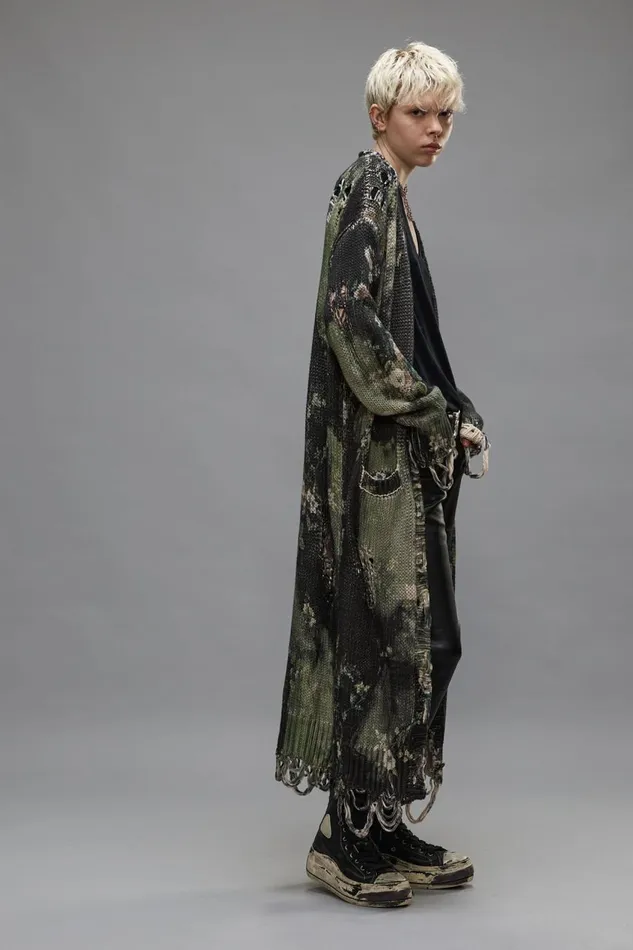 R13 Sweaters Women DISTRESSED LONG CARDIGAN 8211 BLEACHED BLACK FLORAL
