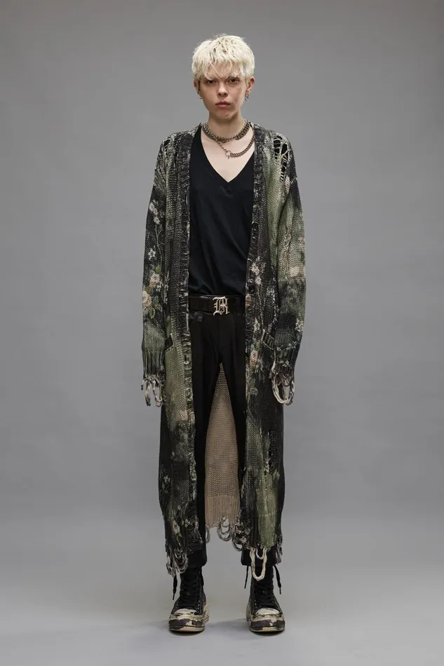 R13 Sweaters Women DISTRESSED LONG CARDIGAN 8211 BLEACHED BLACK FLORAL