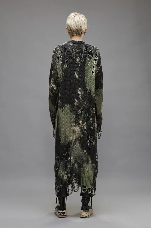 R13 Sweaters Women DISTRESSED LONG CARDIGAN 8211 BLEACHED BLACK FLORAL