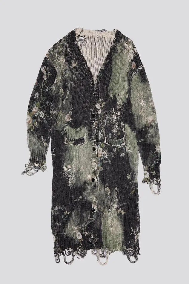 R13 Sweaters Women DISTRESSED LONG CARDIGAN 8211 BLEACHED BLACK FLORAL