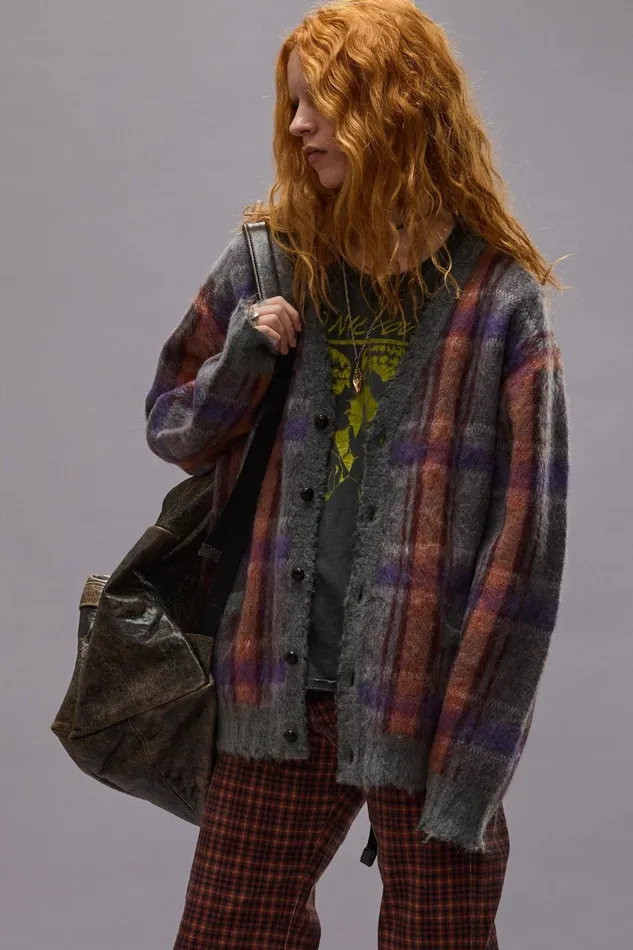 R13 Sweaters Women MOHAIR BOYFRIEND CARDIGAN 8211 BROWNORANGEPURPLE MOHAIR PLAID