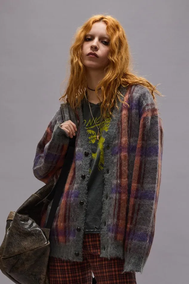 R13 Sweaters Women MOHAIR BOYFRIEND CARDIGAN 8211 BROWNORANGEPURPLE MOHAIR PLAID