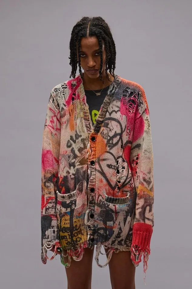 R13 Sweaters Women PRINTED BOYFRIEND CARDIGAN 8211 HEART GRAFFITI PRINT