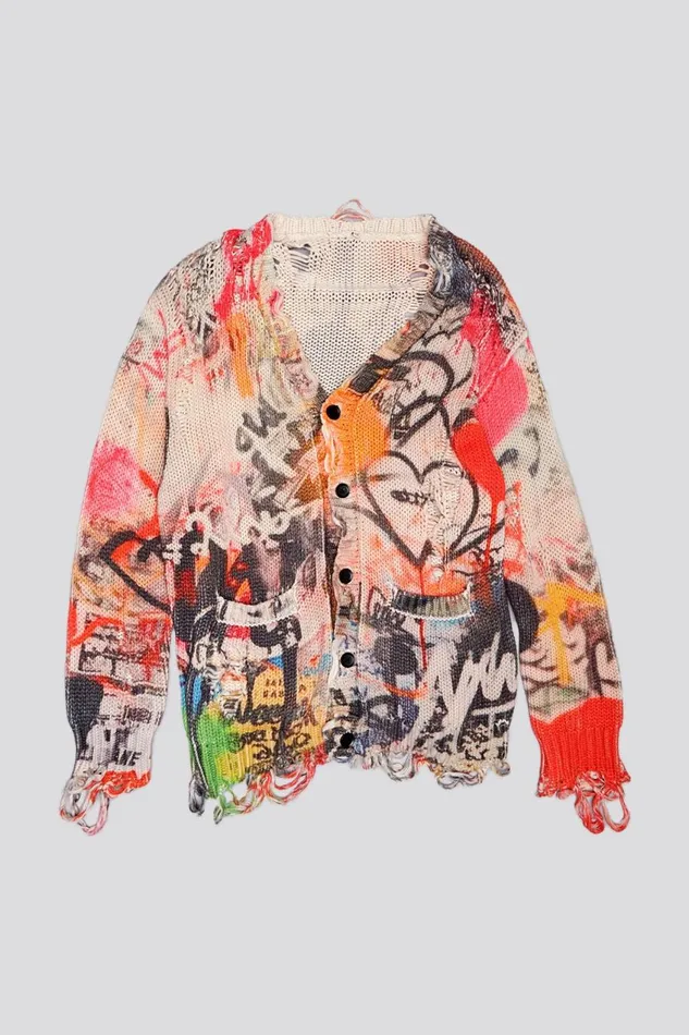 R13 Sweaters Women PRINTED BOYFRIEND CARDIGAN 8211 HEART GRAFFITI PRINT