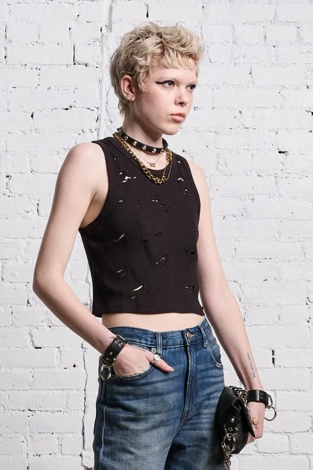 R13 TShirts Women DISTRESSED TANK 8211 BLACK