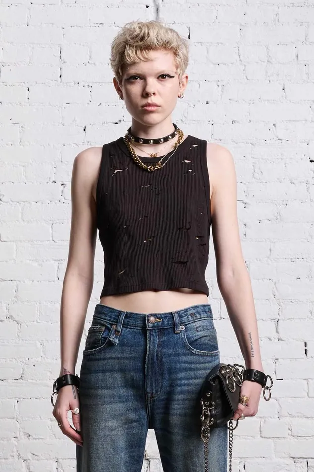 R13 TShirts Women DISTRESSED TANK 8211 BLACK