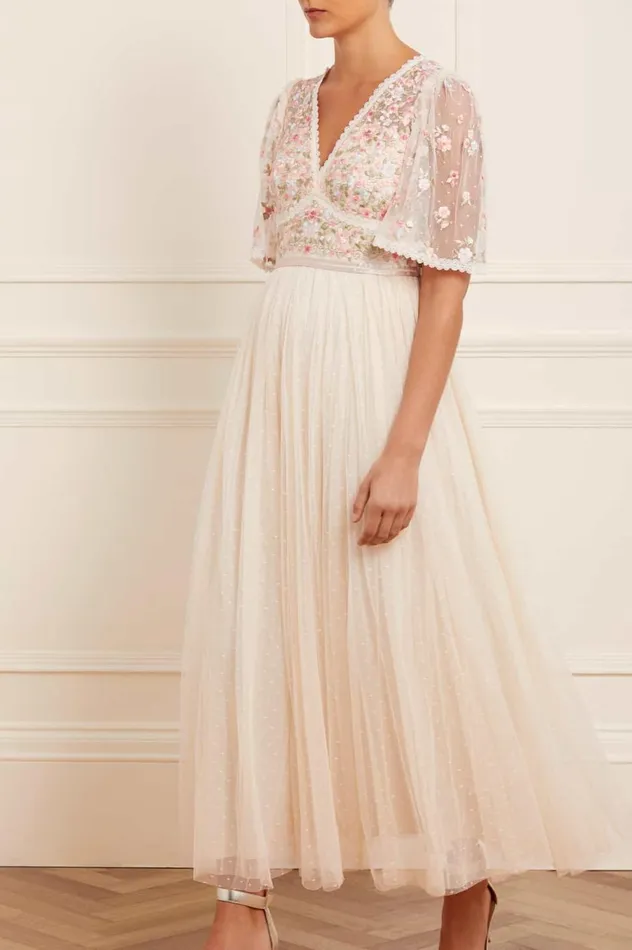 Ribbon Bouquet Bodice Ankle Gown Champagne Women Needle and Thread Dresses