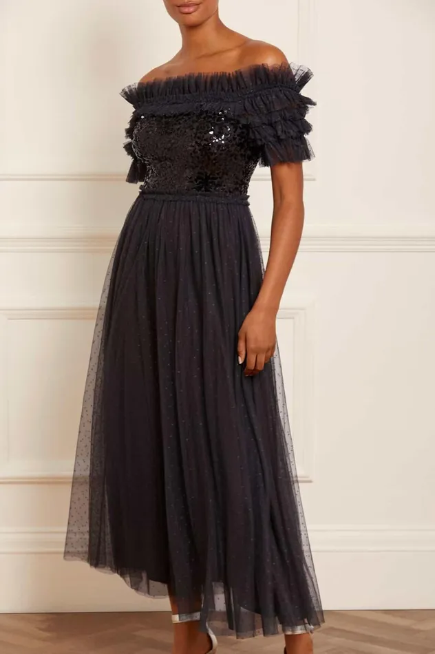 Sequin Wreath Bodice OffShoulder Ankle Gown Black Women Needle and Thread Dresses