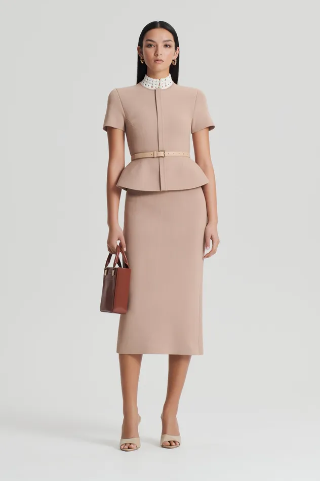 Skirts Scanlan Theodore Women CREPE KNIT PENCIL SKIRT MIDI OAT