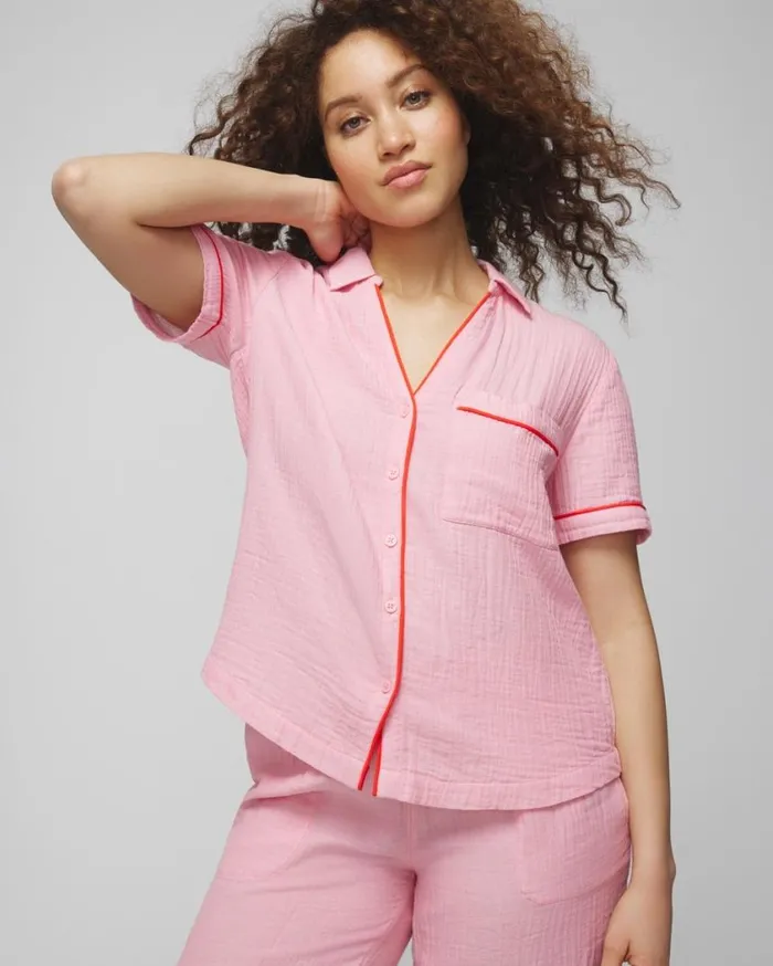Soma Cotton Gauze ShortSleeve Notch Collar Dbl Cloth Bw Stripe Women Matching Sets and Separates