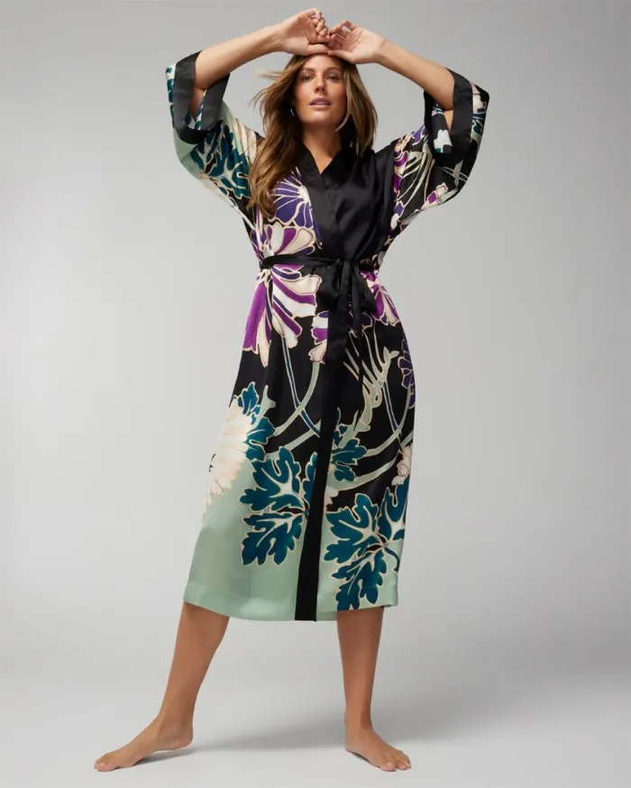 Soma Luxe Silk Long Robe Winter Bloom Black Women Lingerie