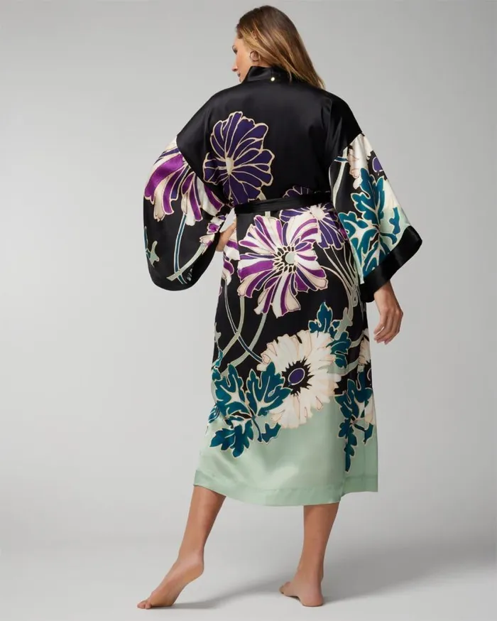Soma Luxe Silk Long Robe Winter Bloom Black Women Lingerie