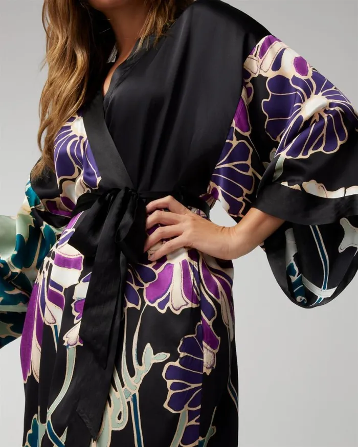 Soma Luxe Silk Long Robe Winter Bloom Black Women Lingerie