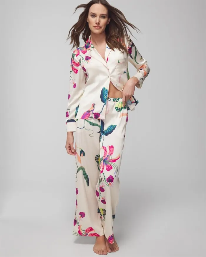 Soma Satin WideLeg Pant Garden Gecko Lush Emerald Women Pajama Bottoms