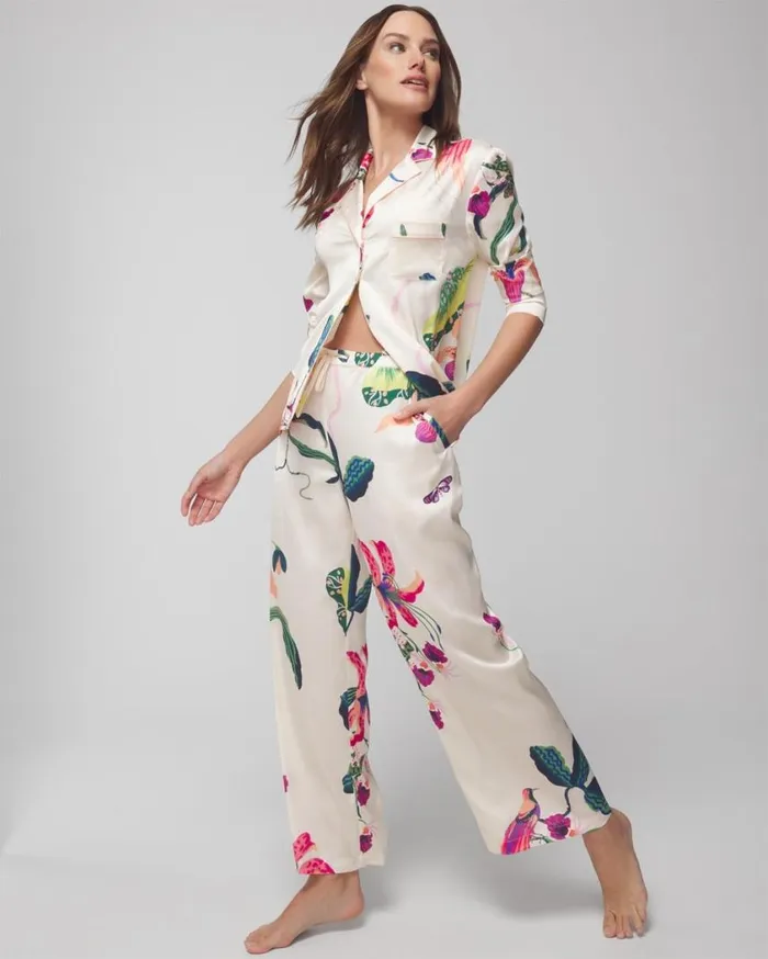 Soma Satin WideLeg Pant Garden Gecko Lush Emerald Women Pajama Bottoms