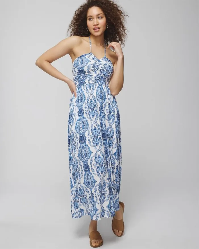 Soma Soft Jersey Halter Tie Midi Bra Dress Cherished Stripe Coconut Women Midi Dresses