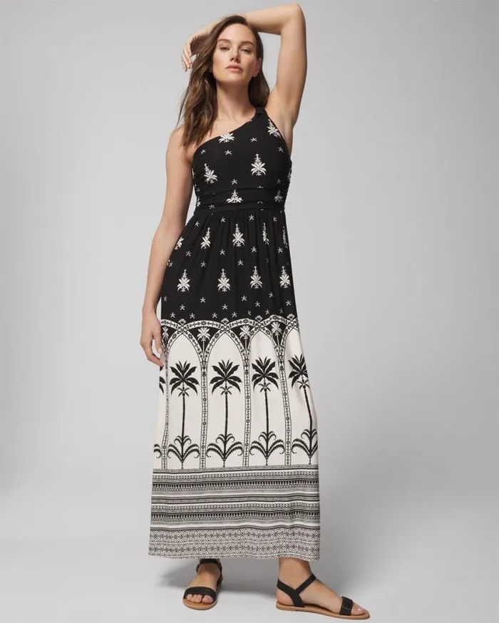 Soma Soft Jersey OneShoulder Knot Maxi Hermosa Palms G Bdr Black Women Long Dresses