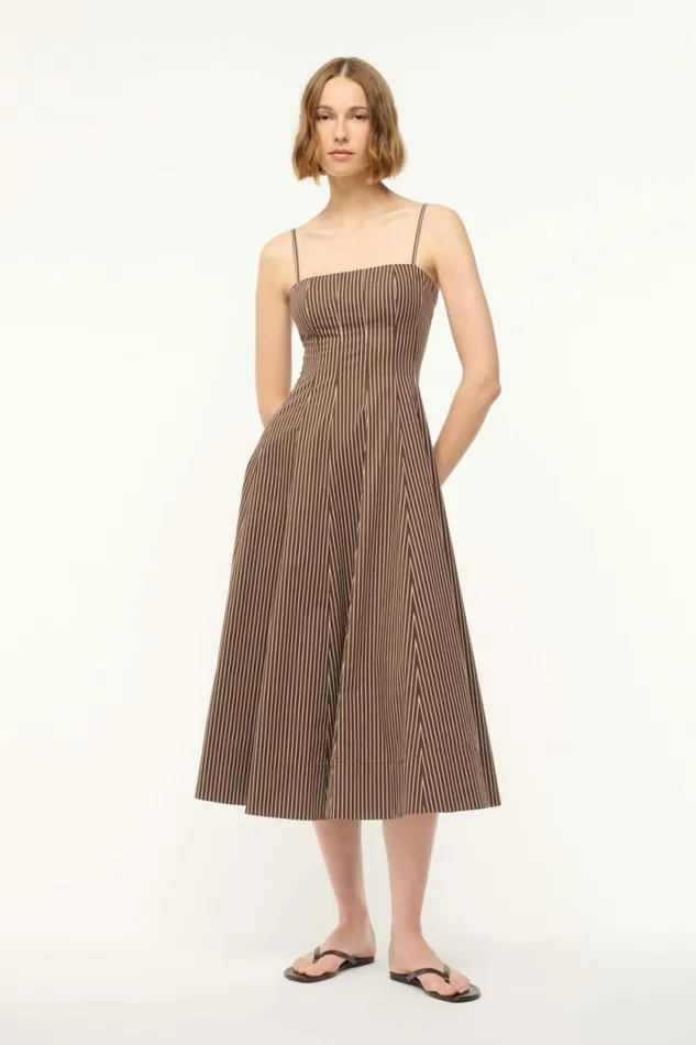STAUD Dresses WYLIE DRESS Dark Oak Micro Stripe 8211 Women STAUD Dresses WYLIE DRESS Dark Oak Micro Stripe 8211 Women