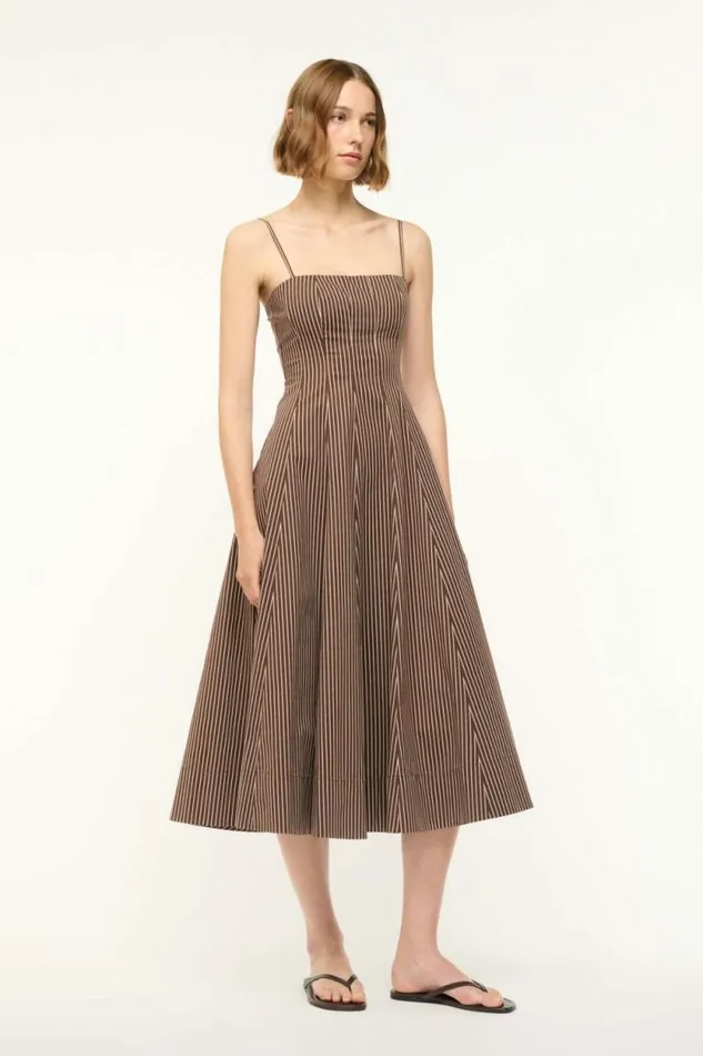 STAUD Dresses WYLIE DRESS Dark Oak Micro Stripe 8211 Women STAUD Dresses WYLIE DRESS Dark Oak Micro Stripe 8211 Women