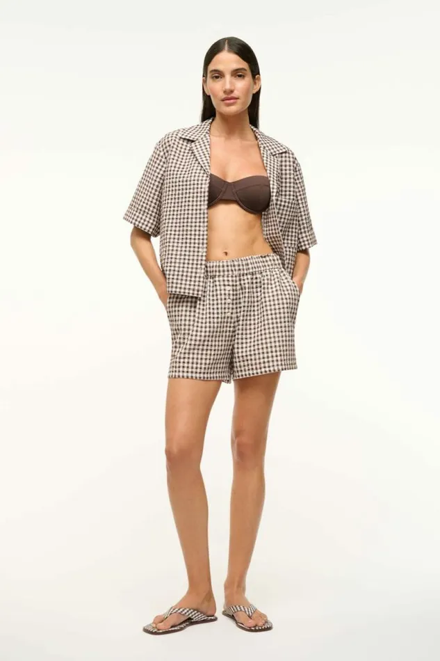STAUD Swim GABI COVERUP SHORT Dark Chocolate Gingham 8211 Women