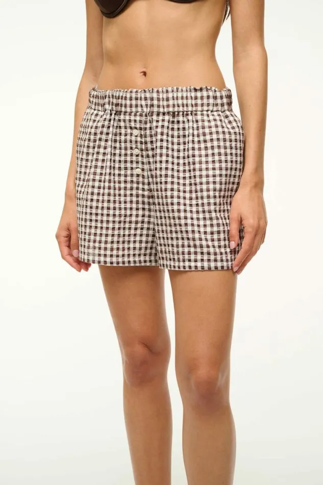 STAUD Swim GABI COVERUP SHORT Dark Chocolate Gingham 8211 Women STAUD Swim GABI COVERUP SHORT Dark Chocolate Gingham 8211 Women