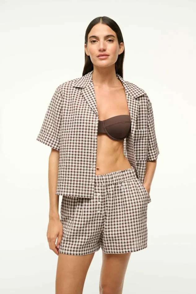 STAUD Swim GABI COVERUP SHORT Dark Chocolate Gingham 8211 Women STAUD Swim GABI COVERUP SHORT Dark Chocolate Gingham 8211 Women