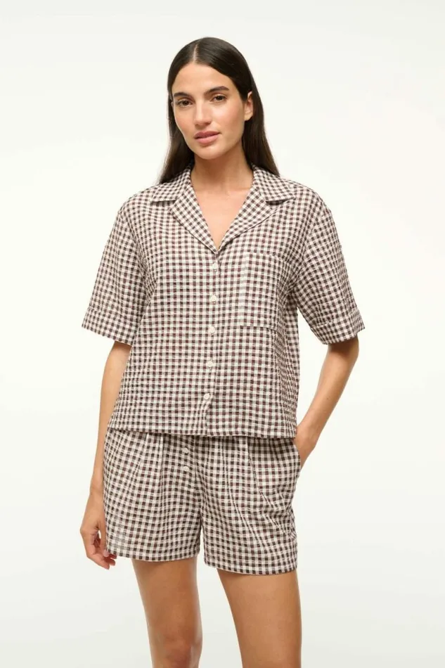 STAUD Swim GABI COVERUP SHORT Dark Chocolate Gingham 8211 Women STAUD Swim GABI COVERUP SHORT Dark Chocolate Gingham 8211 Women