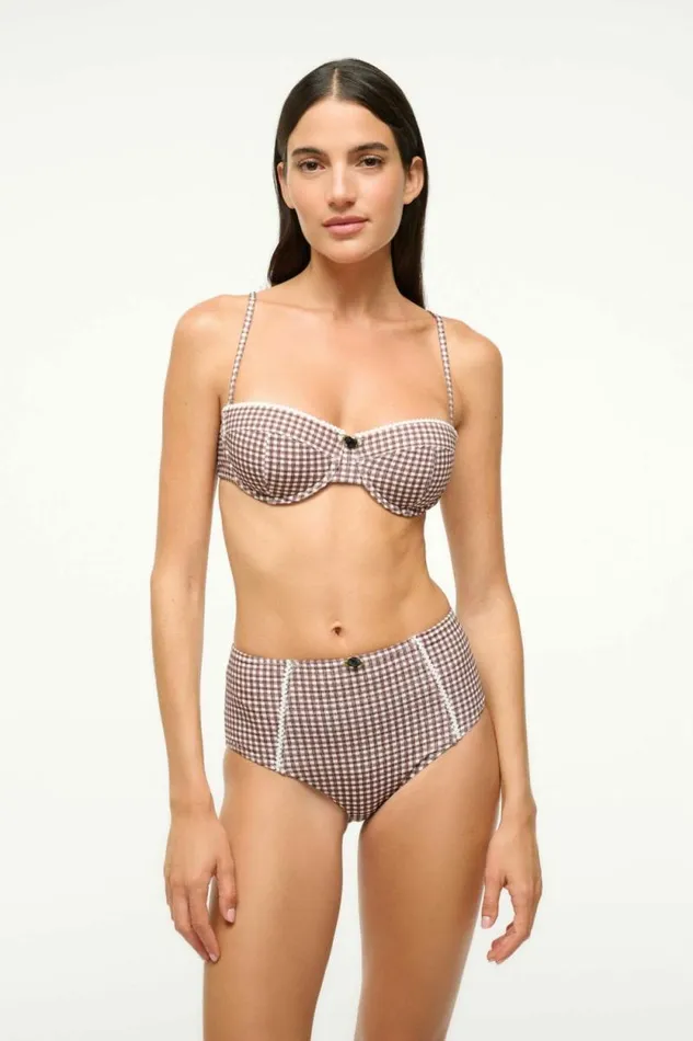 STAUD Swim JO BALCONETTE BIKINI TOP Dark Chocolate Micro Check 8211 Women