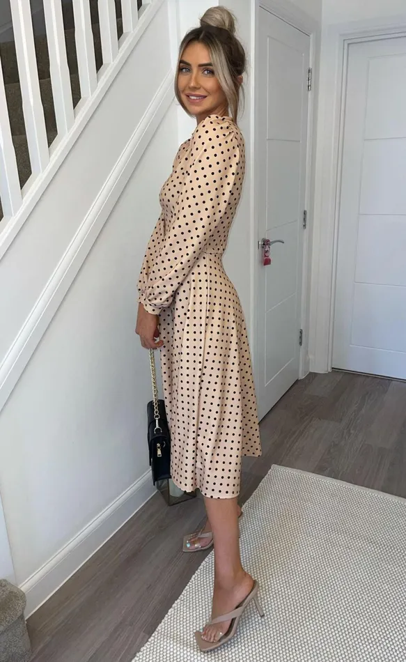Stone Polka Dot Julietta Long Sleeve Turtle Neck Skater Dress Women Missfiga Skater Dresses