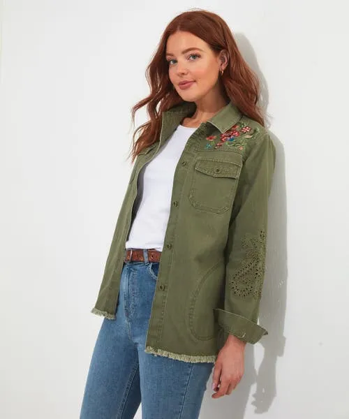 Summer Dream Embroidered Boutique Shacket Khaki Apparel Coats and Jackets Joebrowns
