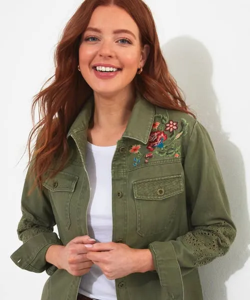 Summer Dream Embroidered Boutique Shacket Khaki Apparel Coats and Jackets Joebrowns Summer Dream Embroidered Boutique Shacket Khaki Apparel Coats and Jackets Joebrowns