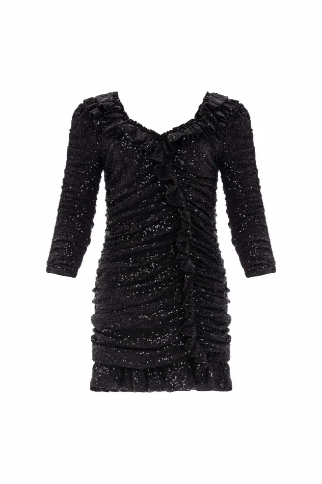 Sunbeam Rouched Long Sleeve Micro Mini Dress Black Women Needle and Thread Dresses