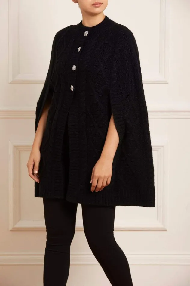 Sylvie Cable Jewelled Knee Length Cape Black Women Needle and Thread Capes