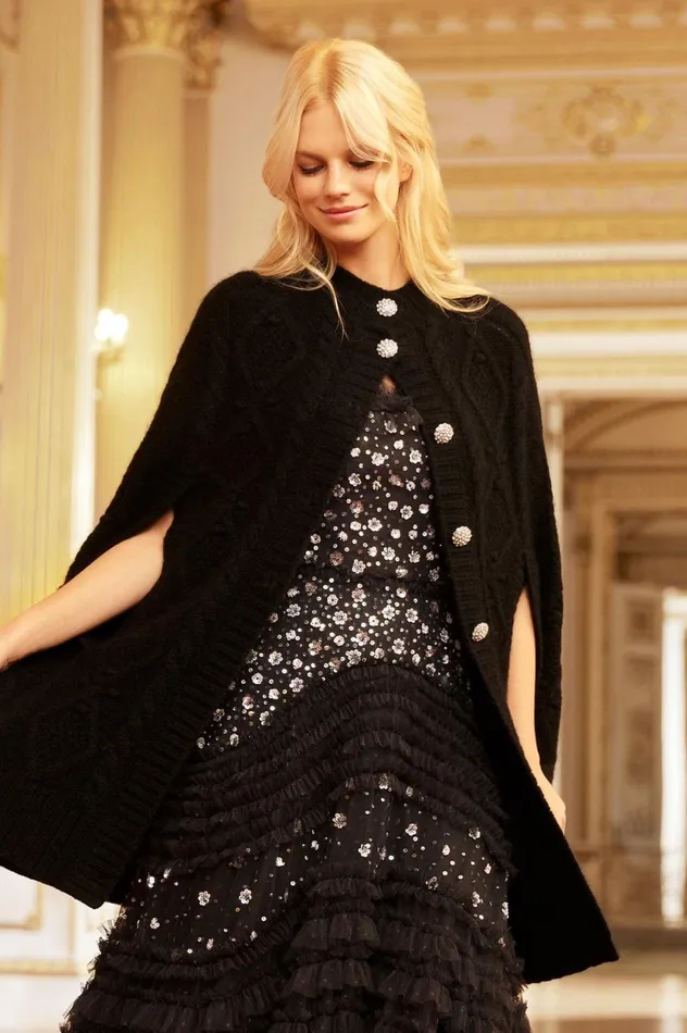 Sylvie Cable Jewelled Knee Length Cape Black Women Needle and Thread Capes