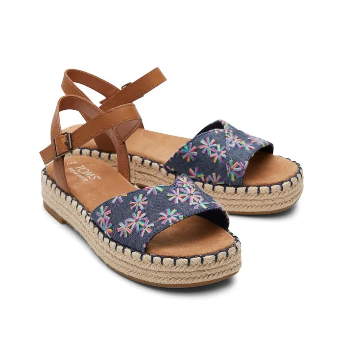 Toms Espadrilles Abby Flatform Espadrille Sandal Navy Floral Embroidered 8211 Women