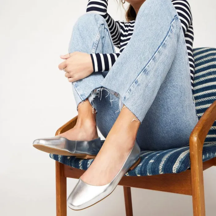 Toms Flats and Loafers Briella Flat Silver Metallic Leather 8211 Women Toms Flats and Loafers Briella Flat Silver Metallic Leather 8211 Women