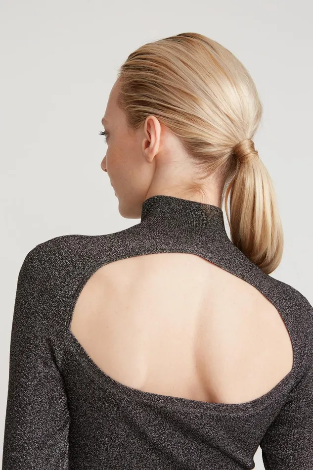 Tops Women Halston Fai Lurex Turtleneck Sweater Black Silver