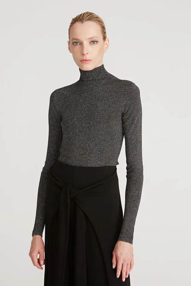 Tops Women Halston Fai Lurex Turtleneck Sweater Black Silver