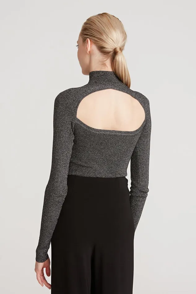 Tops Women Halston Fai Lurex Turtleneck Sweater Black Silver