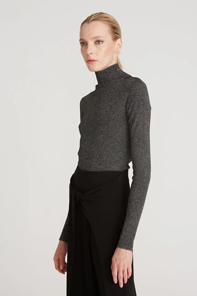 Tops Women Halston Fai Lurex Turtleneck Sweater Black Silver