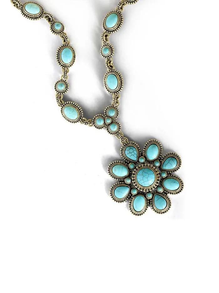 Turquoise Collection Accessories Jessica Simpson Large Turquoise Stone Flower Necklace In Gold